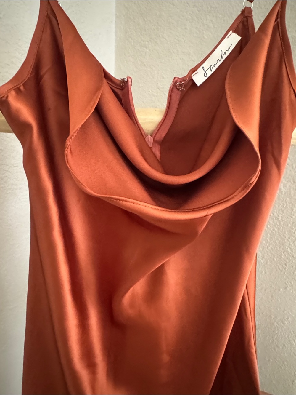Rust Satin Cowl Slip Dress with Adjustable Straps - Women - Picture 4 of 6